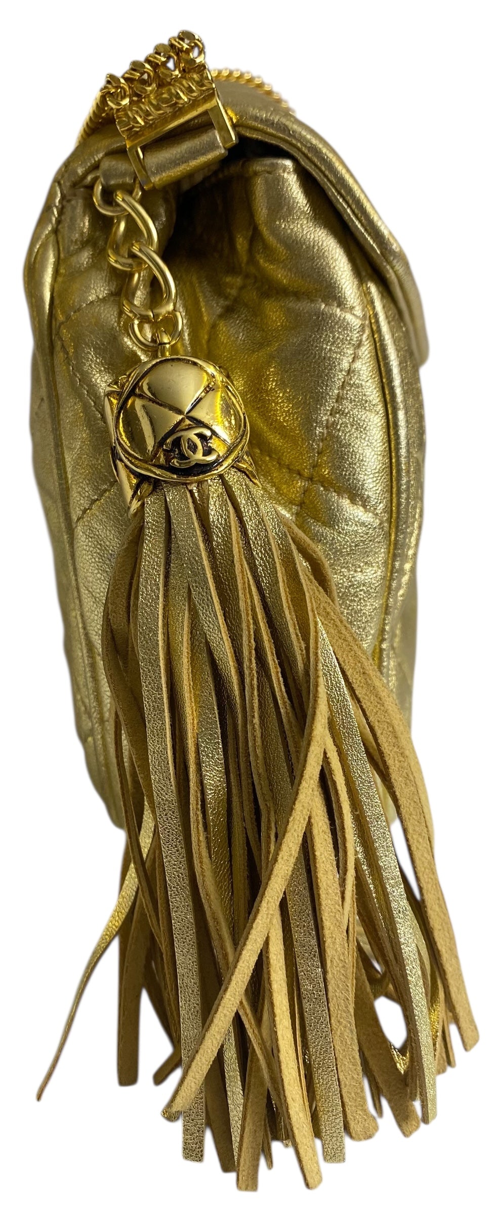 Rare 90’s Chanel Vintage Gold Quilted Lambskin Leather Multi Chain Jewelry Tassel Bag