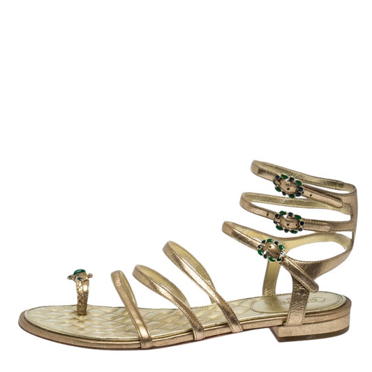 Chanel 15P Gold Metallic Jeweled Gladiator Sandal Flats EU 38.5