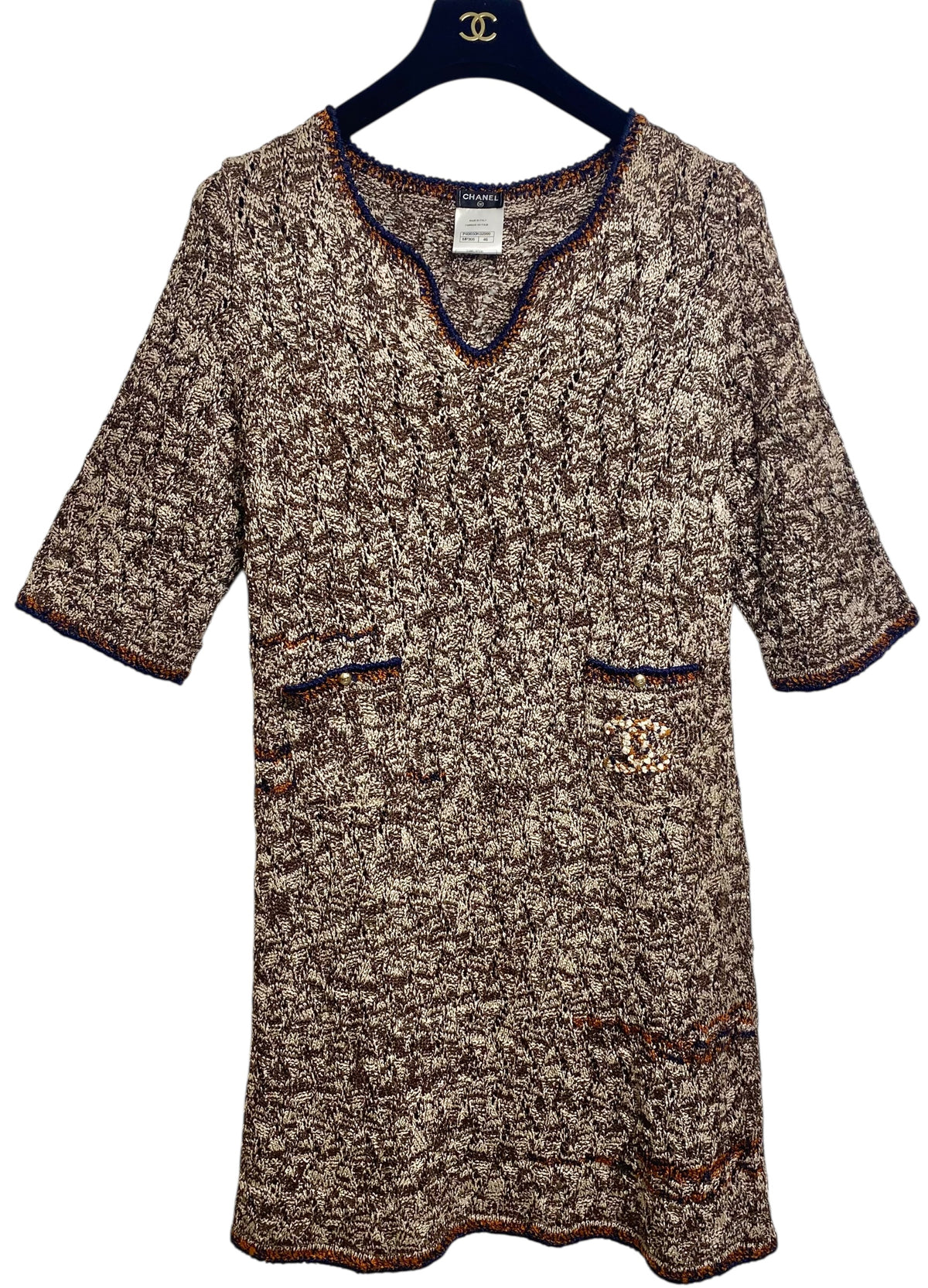Chanel Brown Orange Navy CC Knit Crochet Dress FR 46