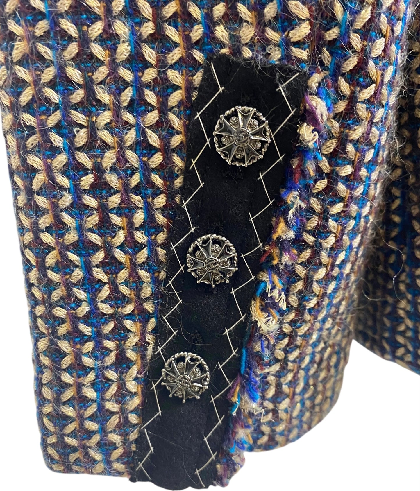 Rare Chanel 08A Runway Tweed Turquoise Blue Multicolor Gold Blazer Jacket FR 36