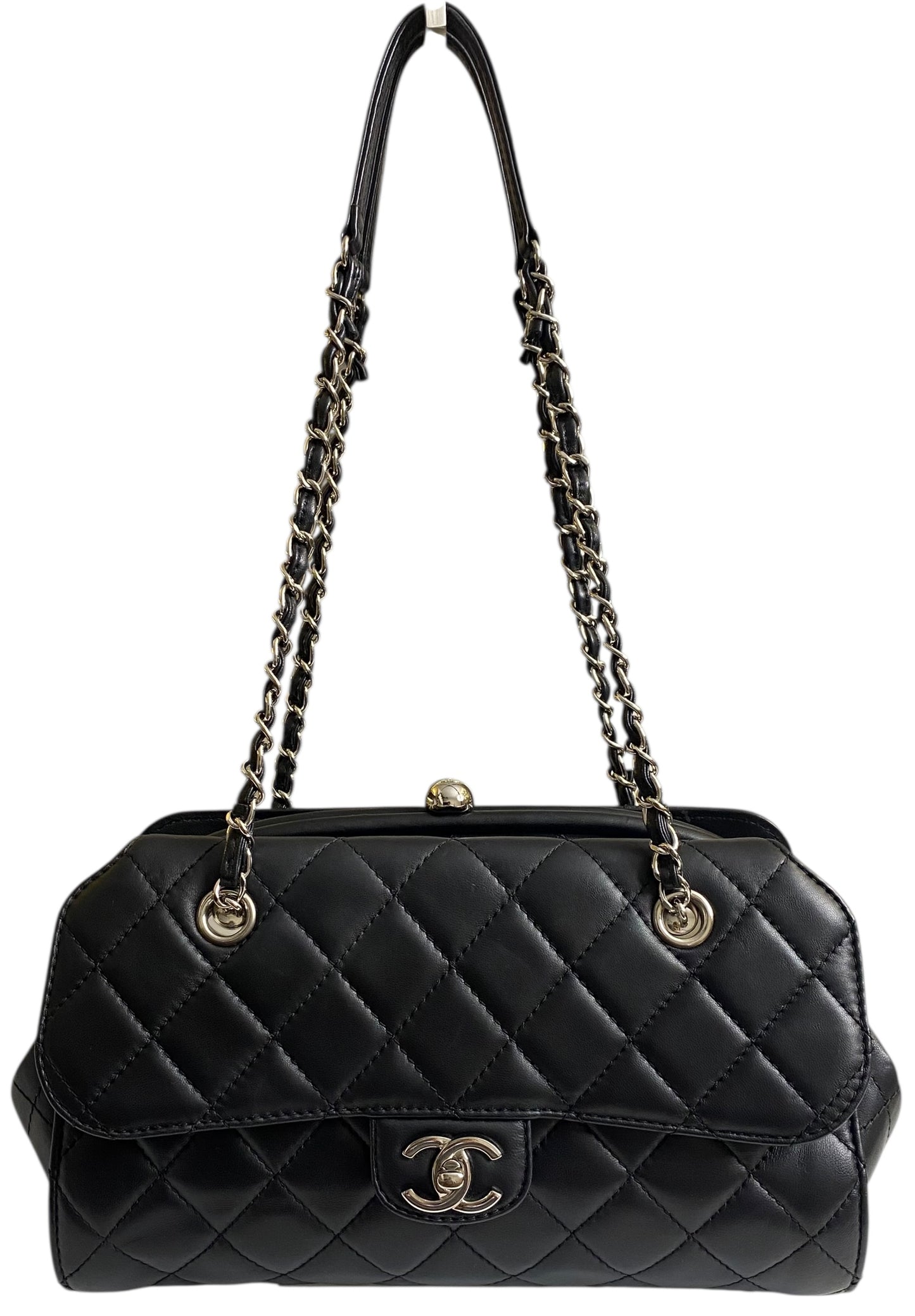 Chanel Classic Black CC Kisslock Lambskin Frame Compartment Bag