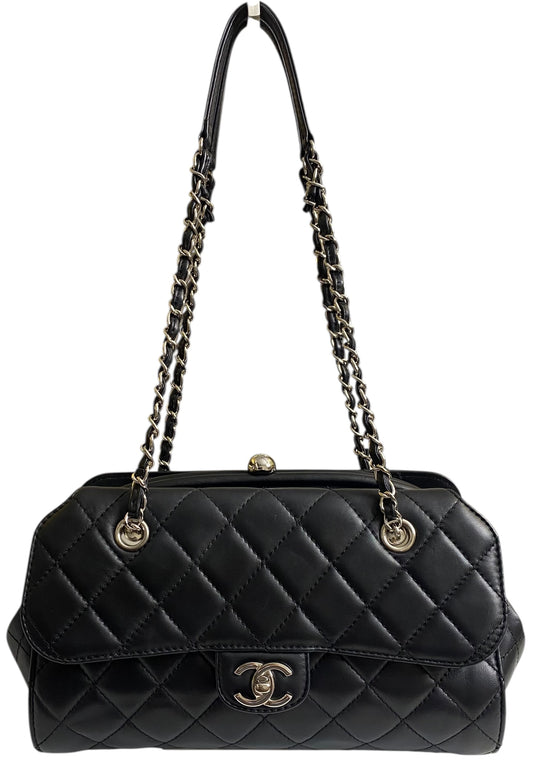 Chanel Classic Black CC Kisslock Lambskin Frame Compartment Bag