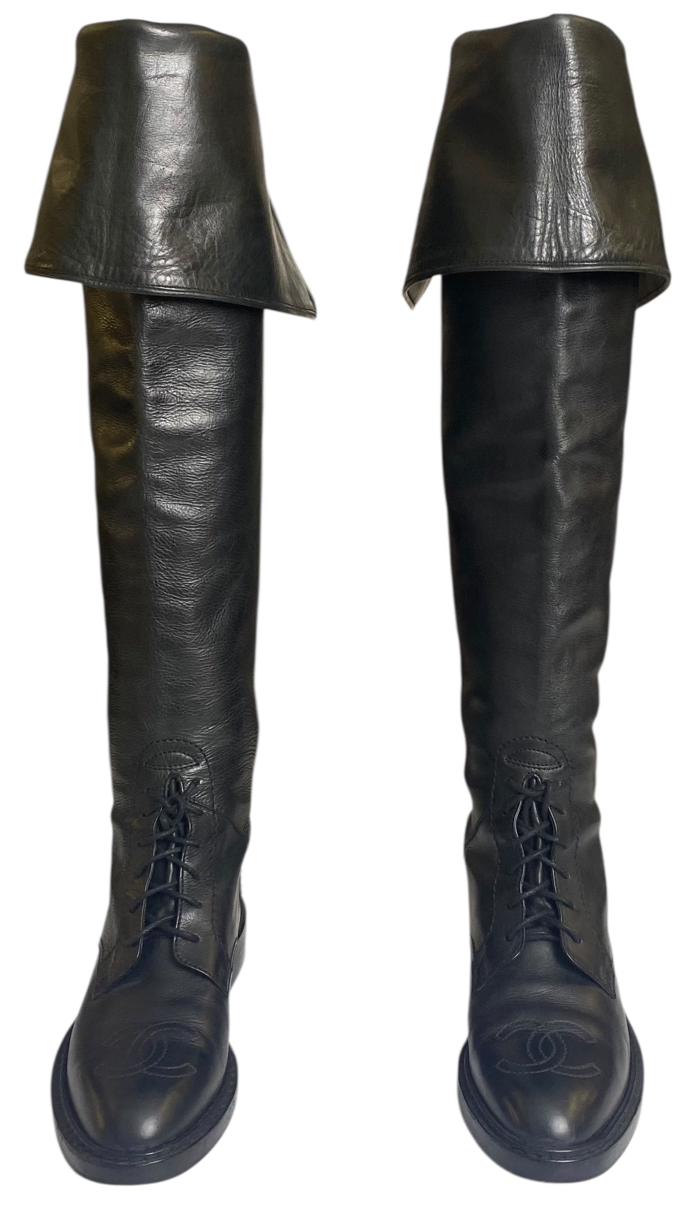 Rare Vintage Chanel 90s Claudia Schiffer Black Leather CC Riding Boots EU 36 (fits 37)