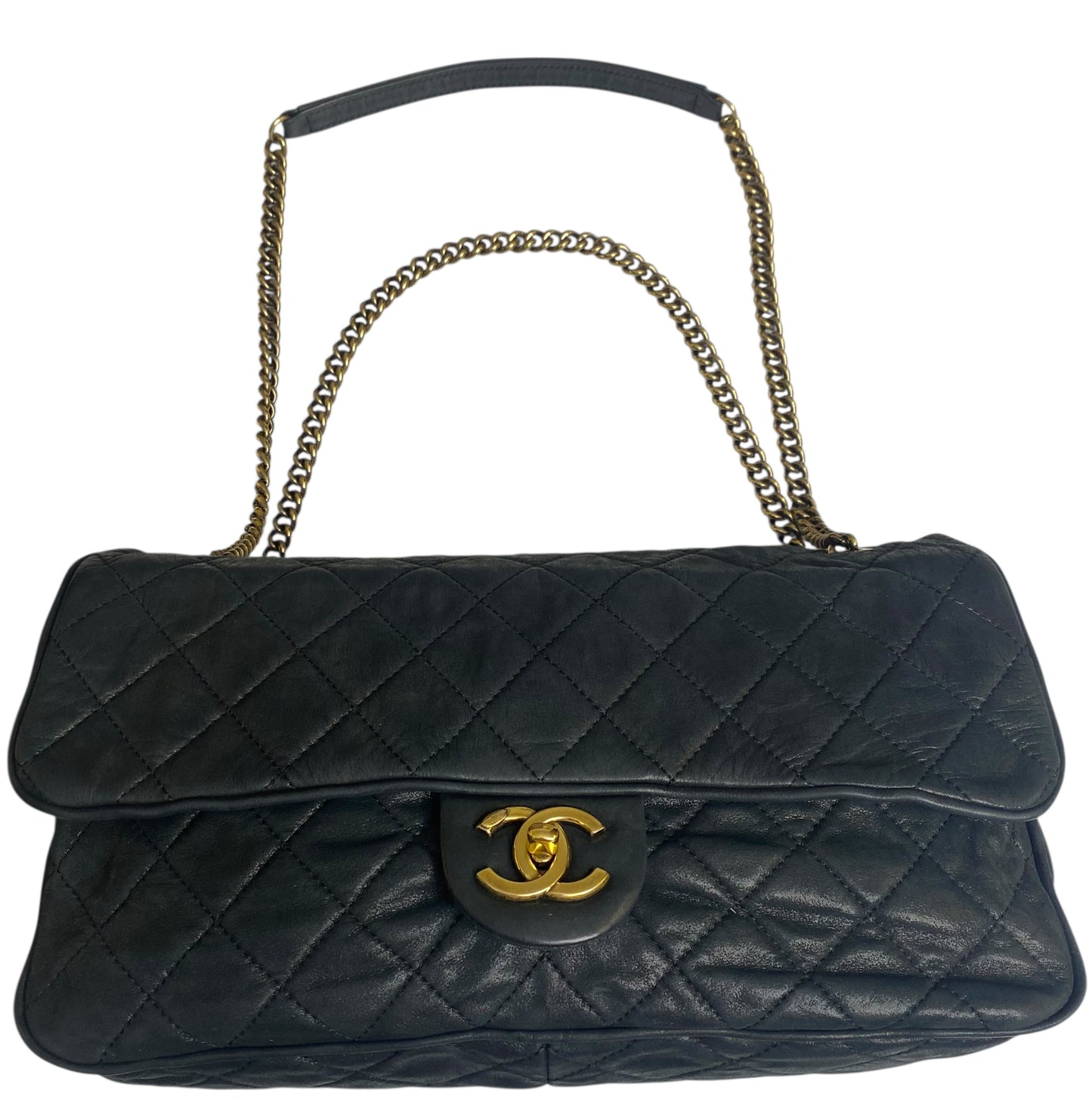 Chanel 2013 Black Quilted Iridescent Calfskin Shiva Jumbo Classic Flap Bag Gold Hardware