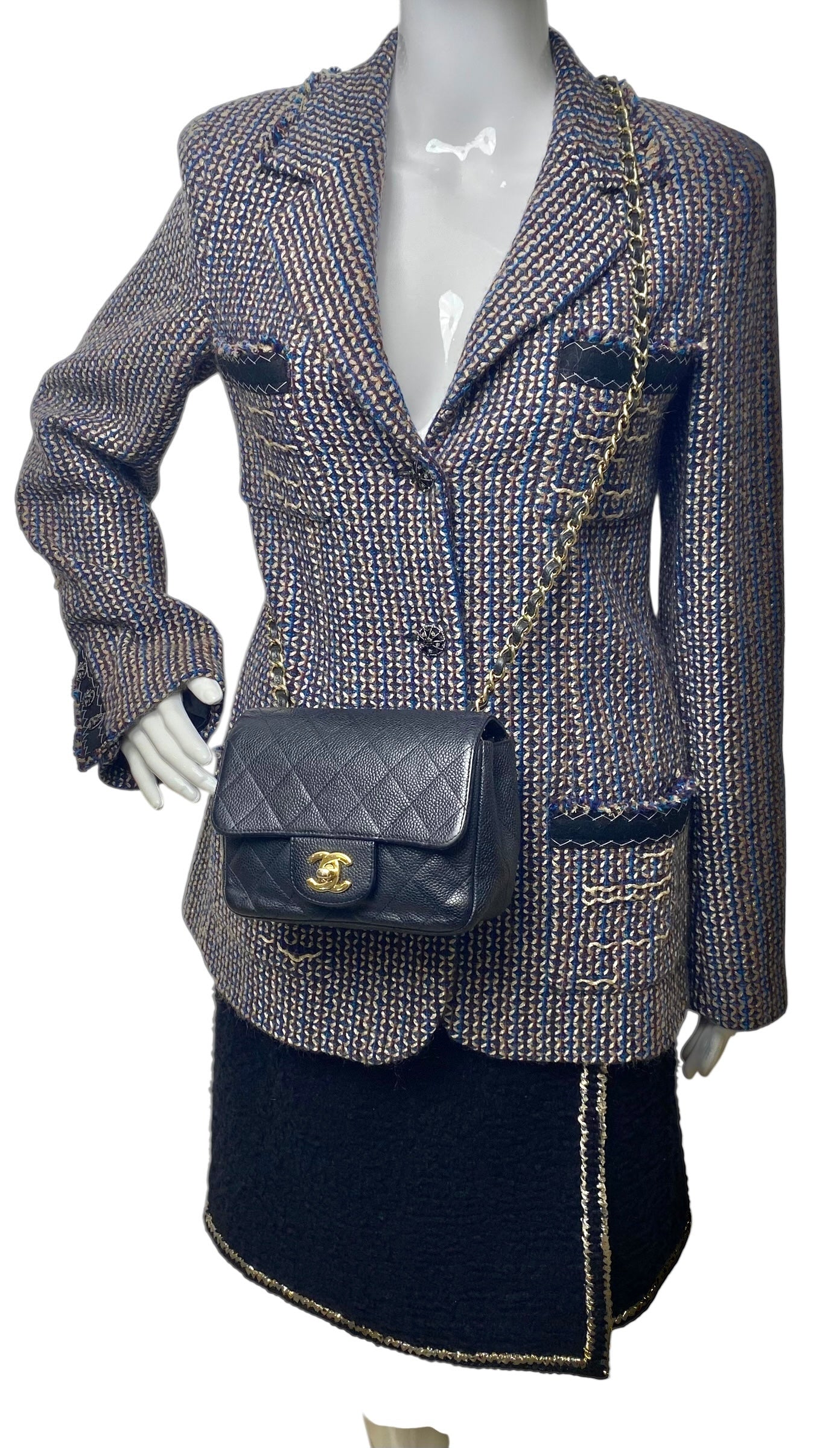 Rare Chanel 08A Runway Tweed Turquoise Blue Multicolor Gold Blazer Jacket FR 36