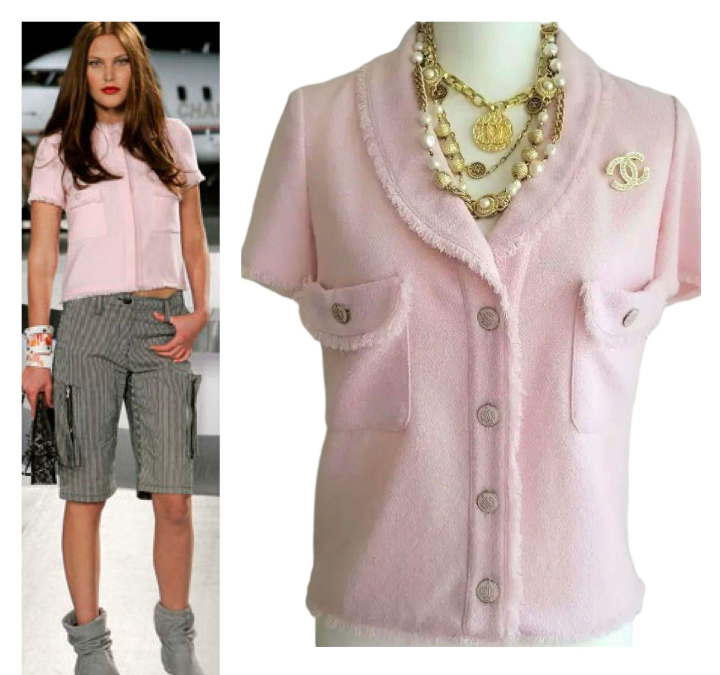 Chanel 2008 Runway Coco Line Pink Wool Boucle Short Sleeve Top Blouse Jacket FR 36
