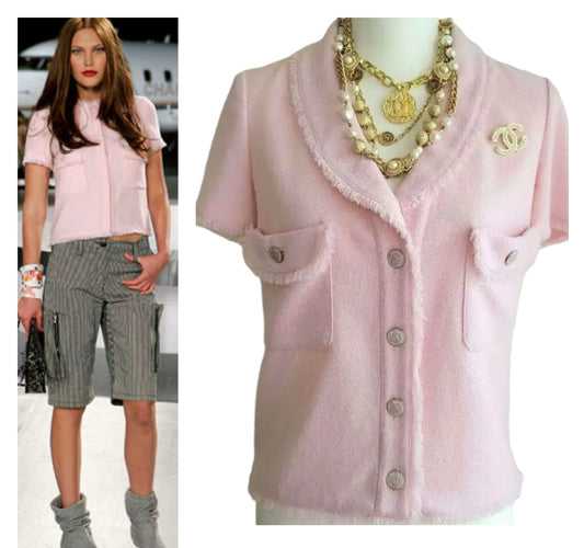 Chanel 2008 Runway Coco Line Pink Wool Boucle Short Sleeve Top Blouse Jacket FR 36