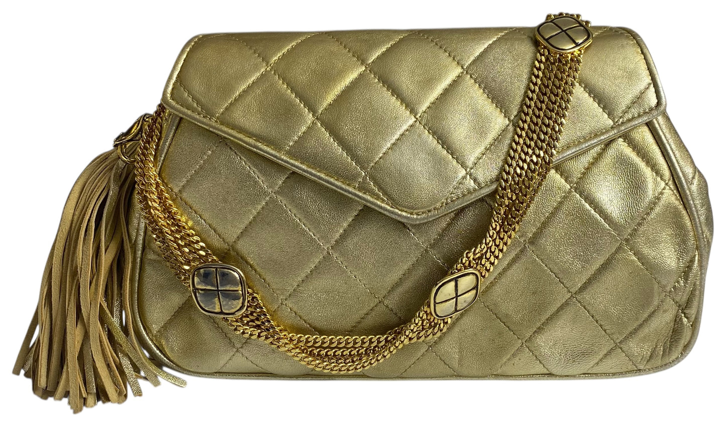 Rare 90’s Chanel Vintage Gold Quilted Lambskin Leather Multi Chain Jewelry Tassel Bag
