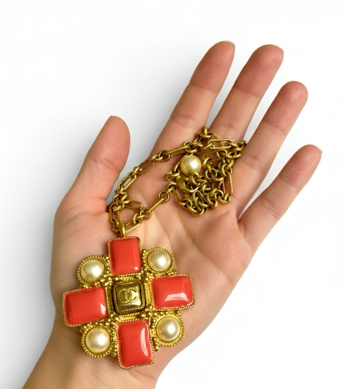 Chanel 13S XL CC Medallion Pendant Pink Coral Gripoix Pearl Gold Statement Necklace