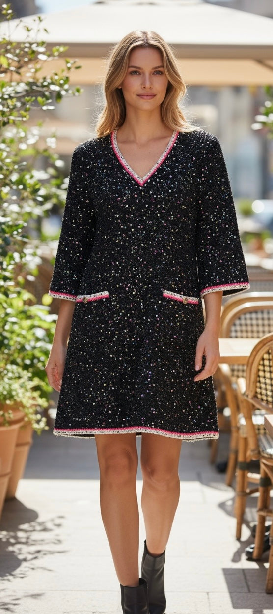 Chanel 24C Multicolor Black Pink White Knit Sequin Dress FR 40