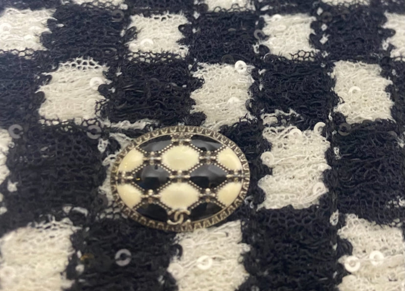 Chanel 17B Metropolitan Checker Sequin Leather Trim Zip Up Jacket FR 42