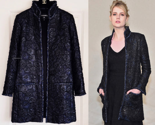 Chanel 16A Paris Rome Black Navy Metallic Camellia Jacquard Braid Long Coat Jacket FR 38