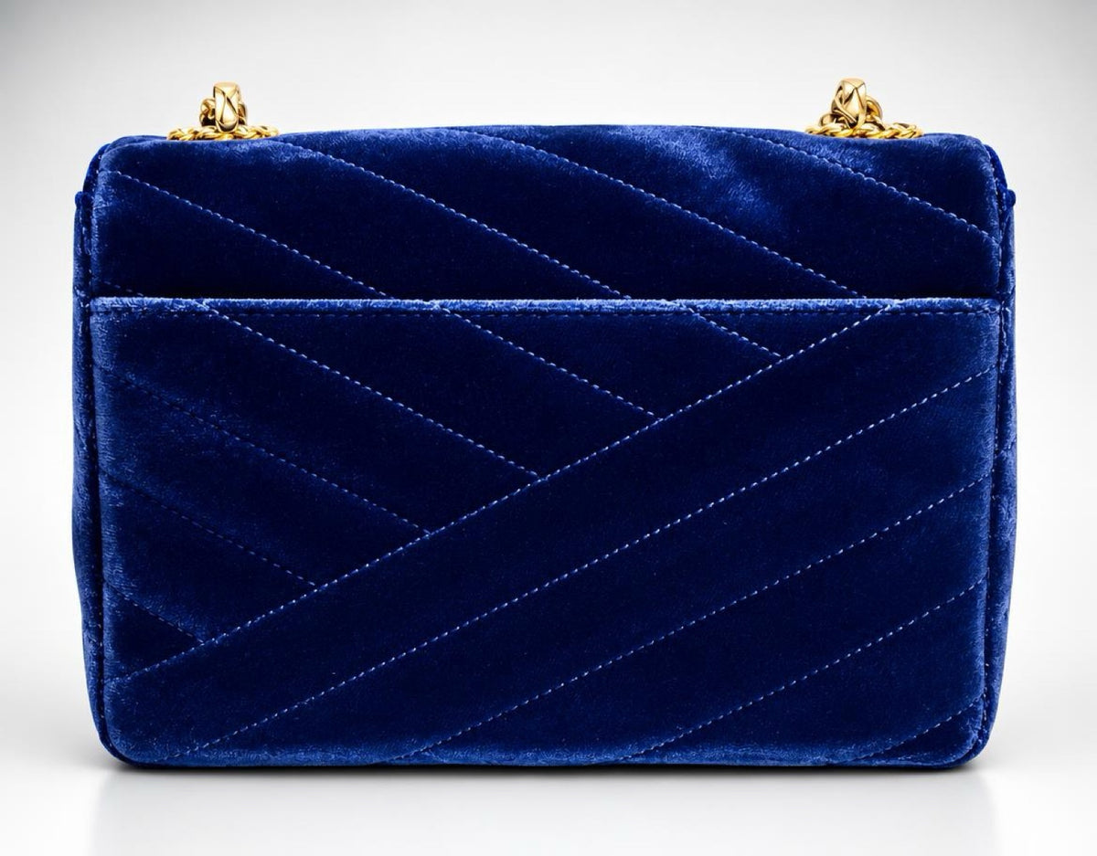 Vintage Chanel 1991-1994 Navy Blue Velvet Crystal 24K Bijoux Mini Square Chevron Classic Flap Bag