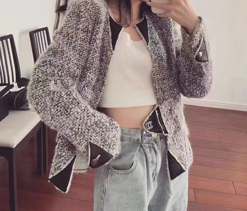 Chanel 10A Shanghai Shearling Tweed CC Grey Black Leather Trim Jacket Coat FR 36