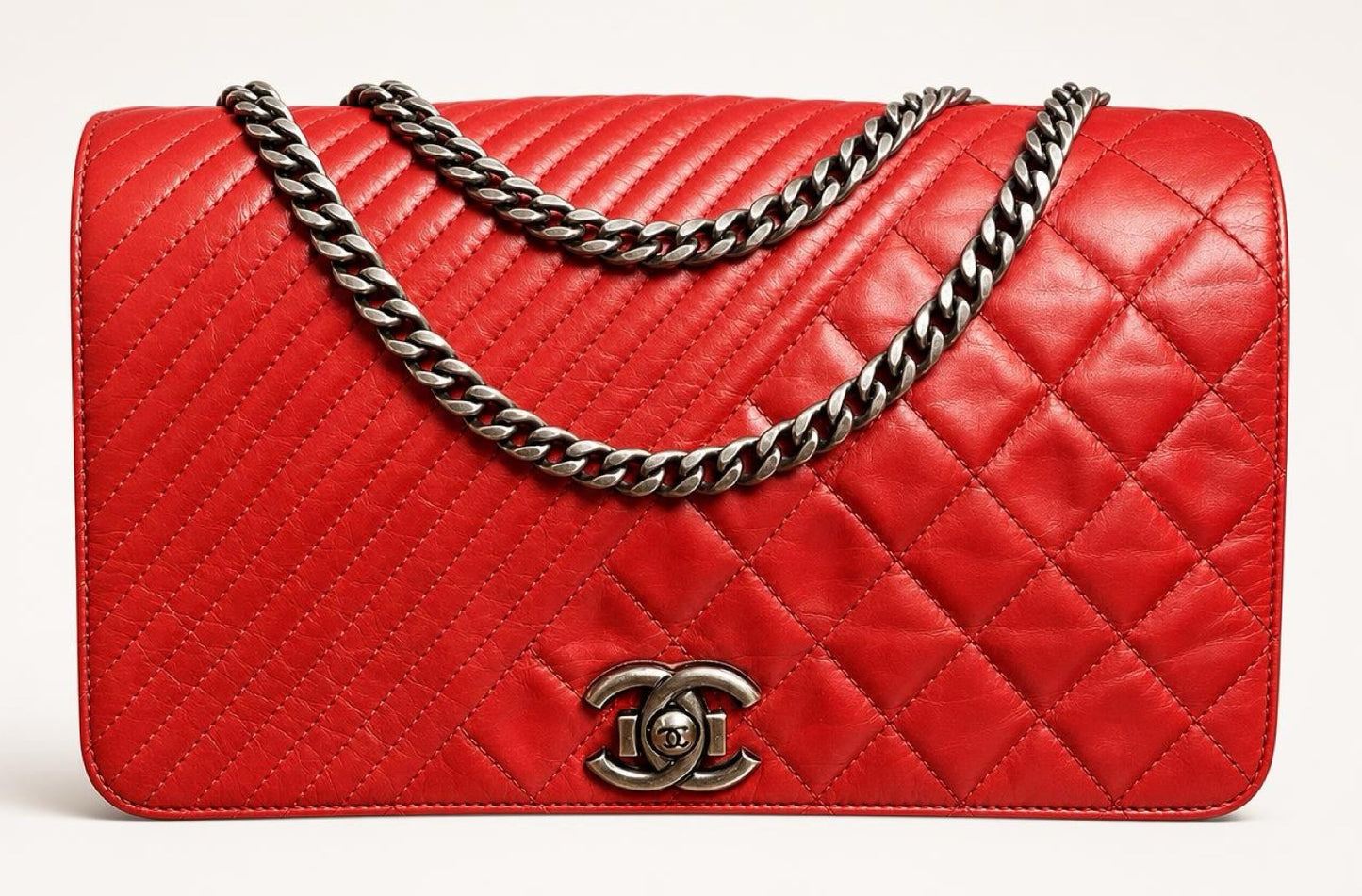 Chanel Red Quilted Glazed Aged Calfskin Leather Medium Coco Boy Flap Bag