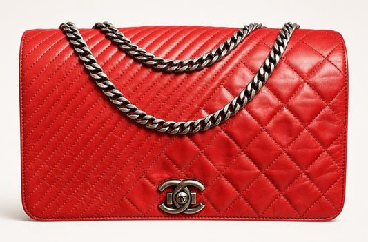 Chanel Red Quilted Glazed Aged Calfskin Leather Medium Coco Boy Flap Bag