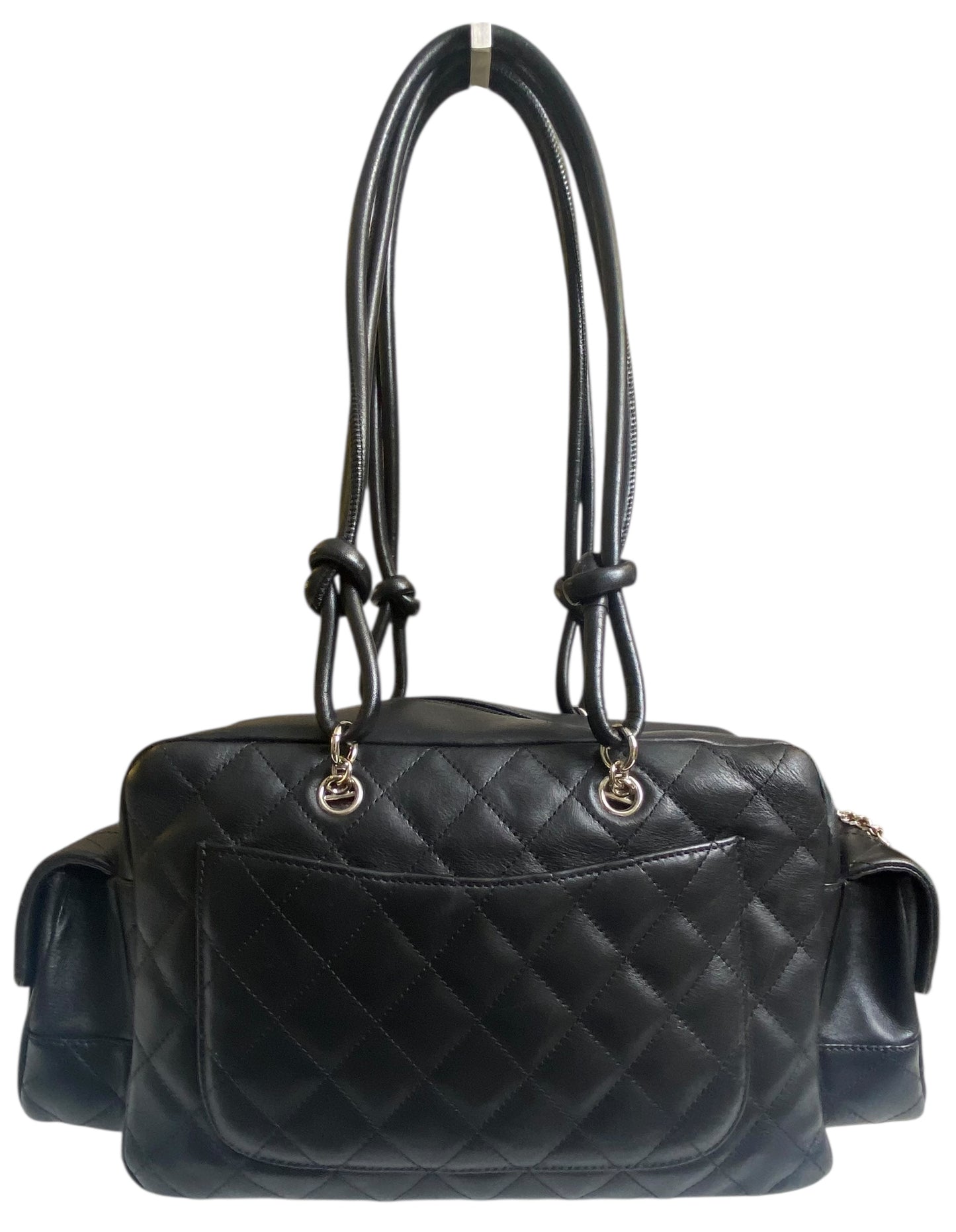 Chanel 2005 Small Cambon Reporter Black White Lambskin Handbag SHW