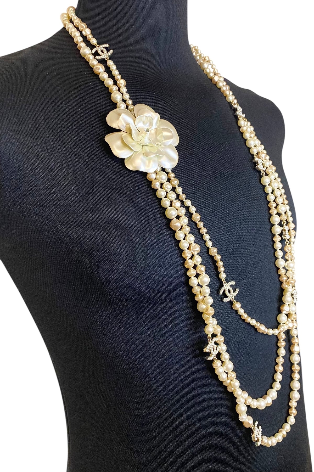 Rare Chanel 09A Extra Long 3 Strand 10 CCs Metal Camellia Long Statement Necklace GHW