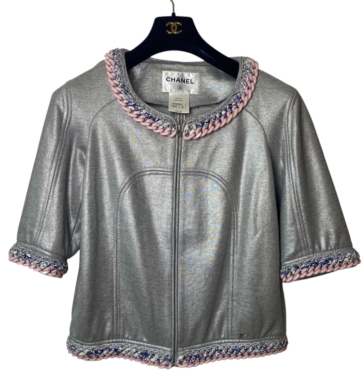 Chanel 2014 Supermarket Metallic Silver Grey Bomber Jacket Tweed and Lucite Pink Trim FR 38