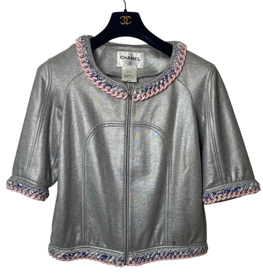 Chanel 2014 Supermarket Metallic Silver Grey Bomber Jacket Tweed and Lucite Pink Trim FR 38