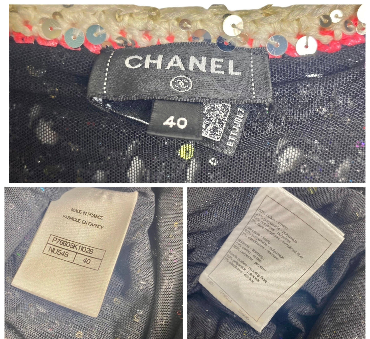 Chanel 24C Multicolor Black Pink White Knit Sequin Dress FR 40