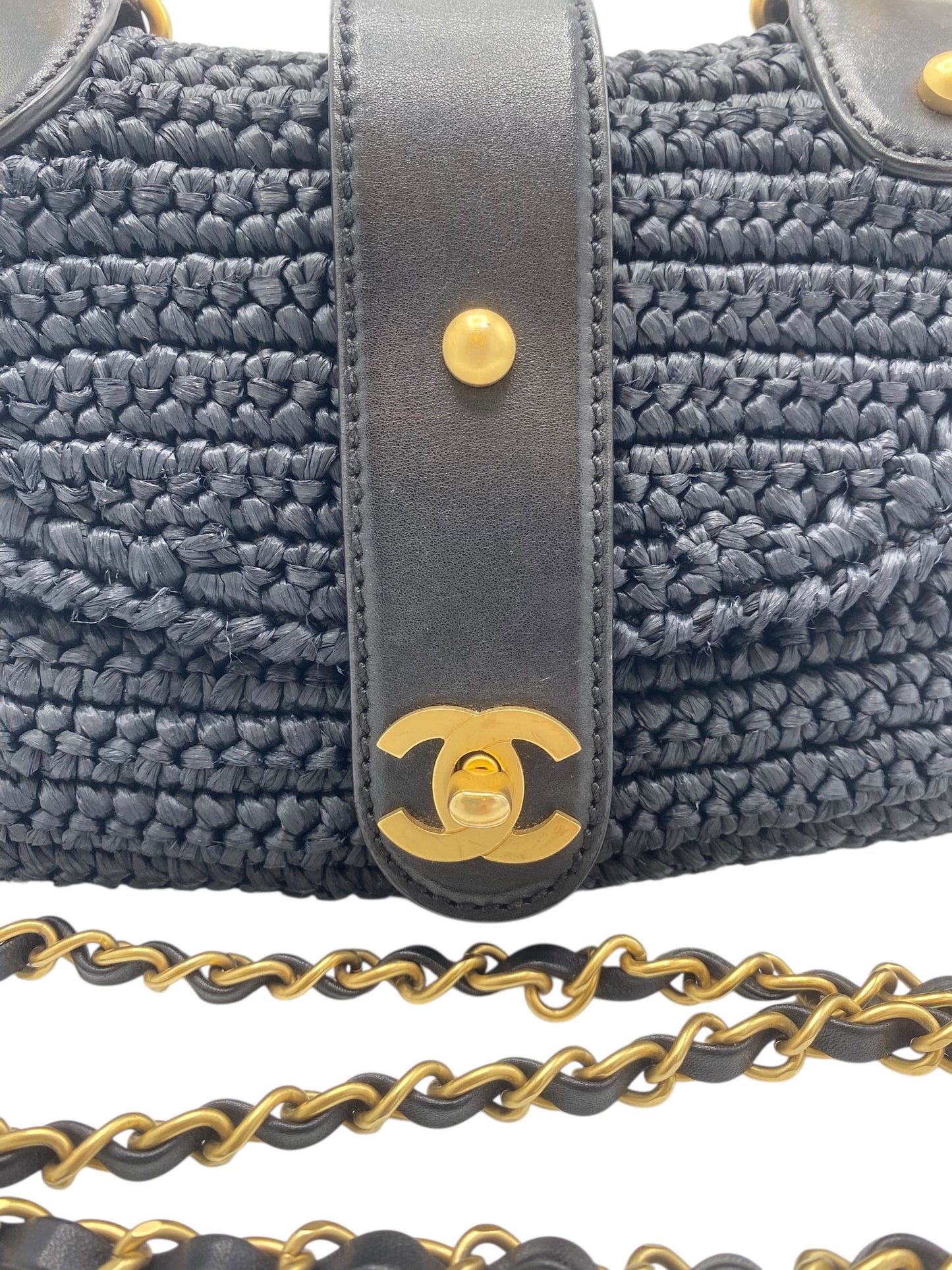Vintage Chanel Medium Dark Navy Straw Raffia Shoulder Bag GHW