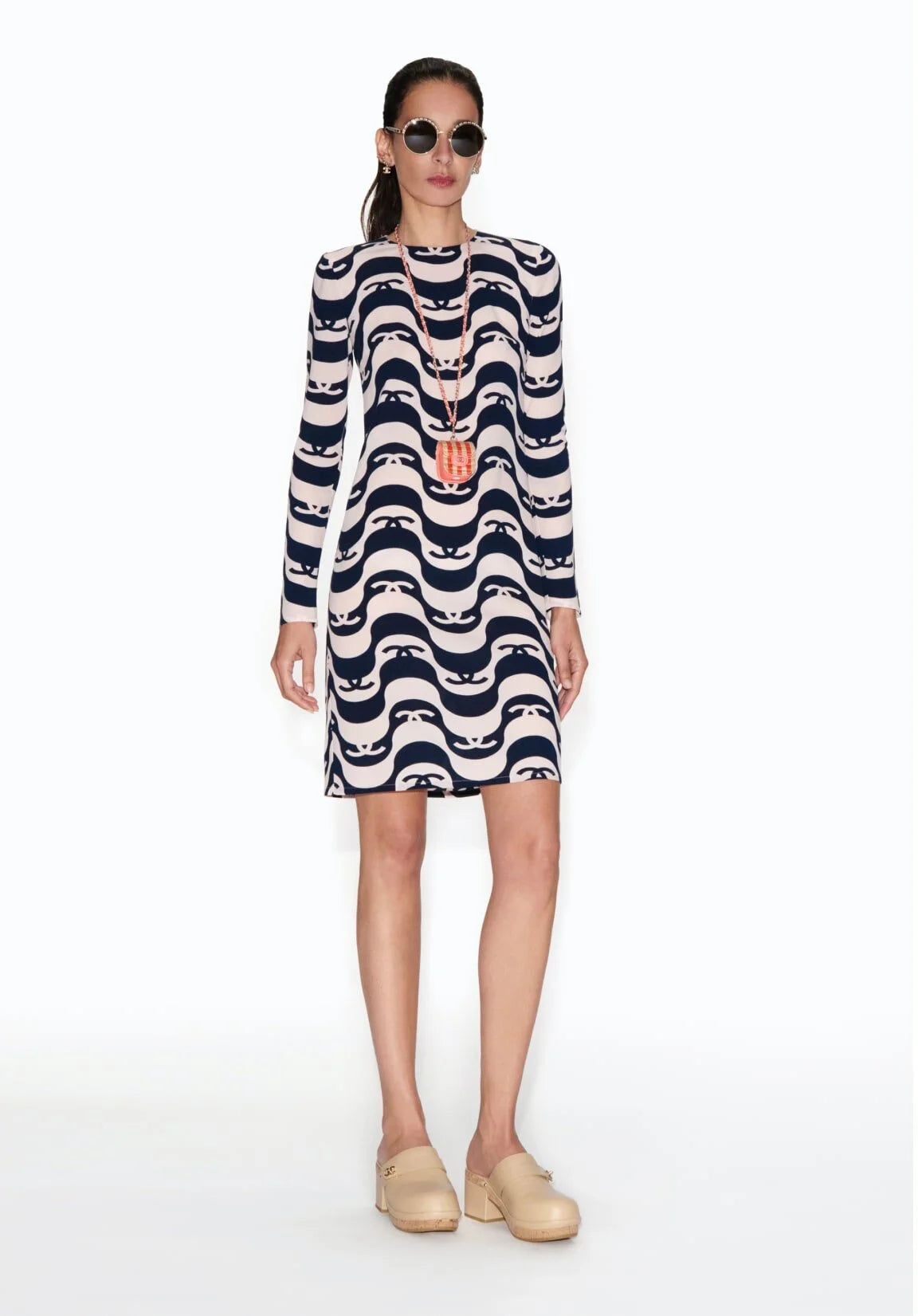Iconic Chanel 21P Ivory & Black CC Wave Silk Midi Dress FR 42