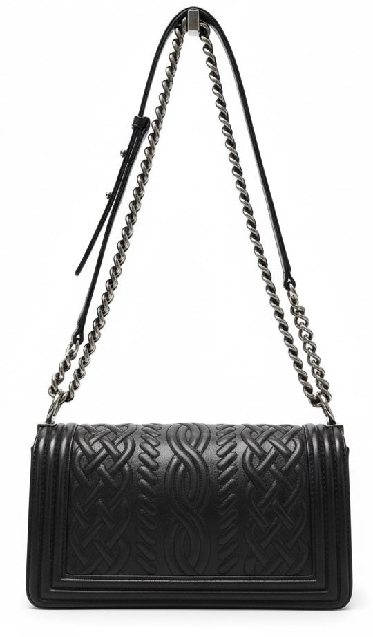 Chanel 13A Paris Edinburgh Black Lambskin Old Medium Embossed Celtic Knot Boy Flap Bag
