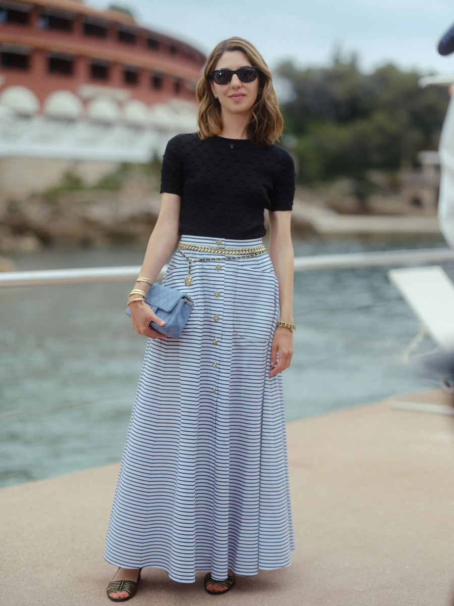 CHANEL 22S RUNWAY STRIPE MAXI SKIRT CC BUTTONS FR 36