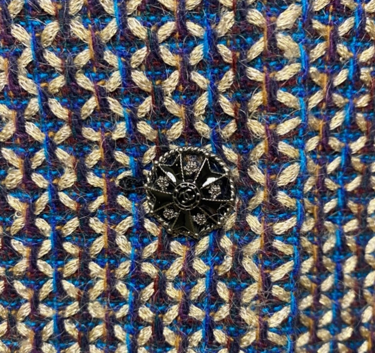 Rare Chanel 08A Runway Tweed Turquoise Blue Multicolor Gold Blazer Jacket FR 36