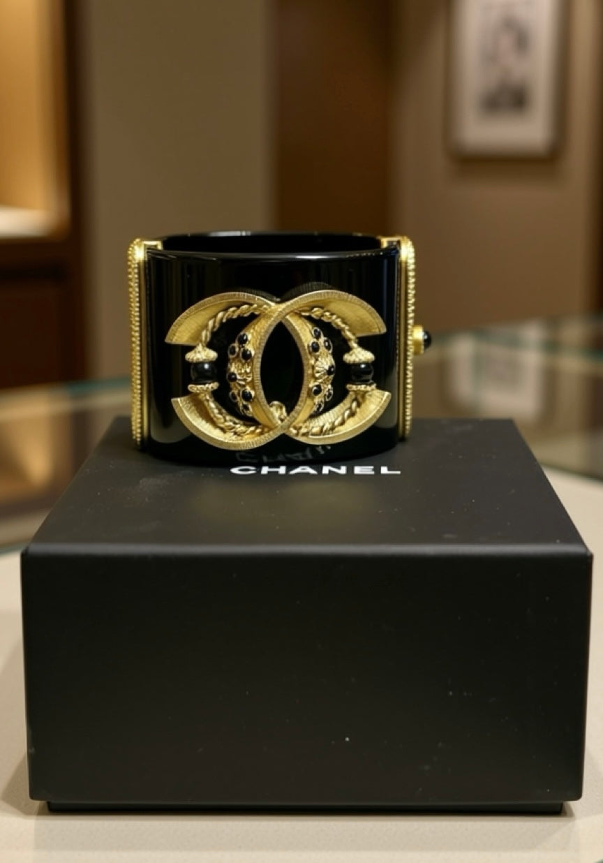 Rare Chanel 16A Paris Seoul Black Pearl Gold Wide Statement Cuff Bracelet