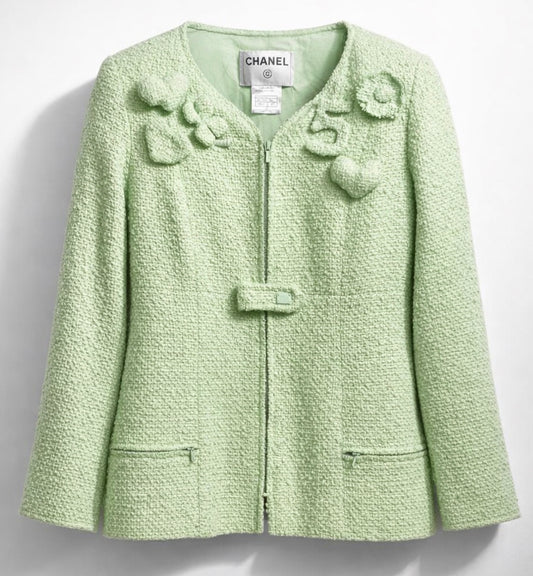 Chanel 04C Mint Green Tweed Boucle Zippered Appliqués Jacket FR 42