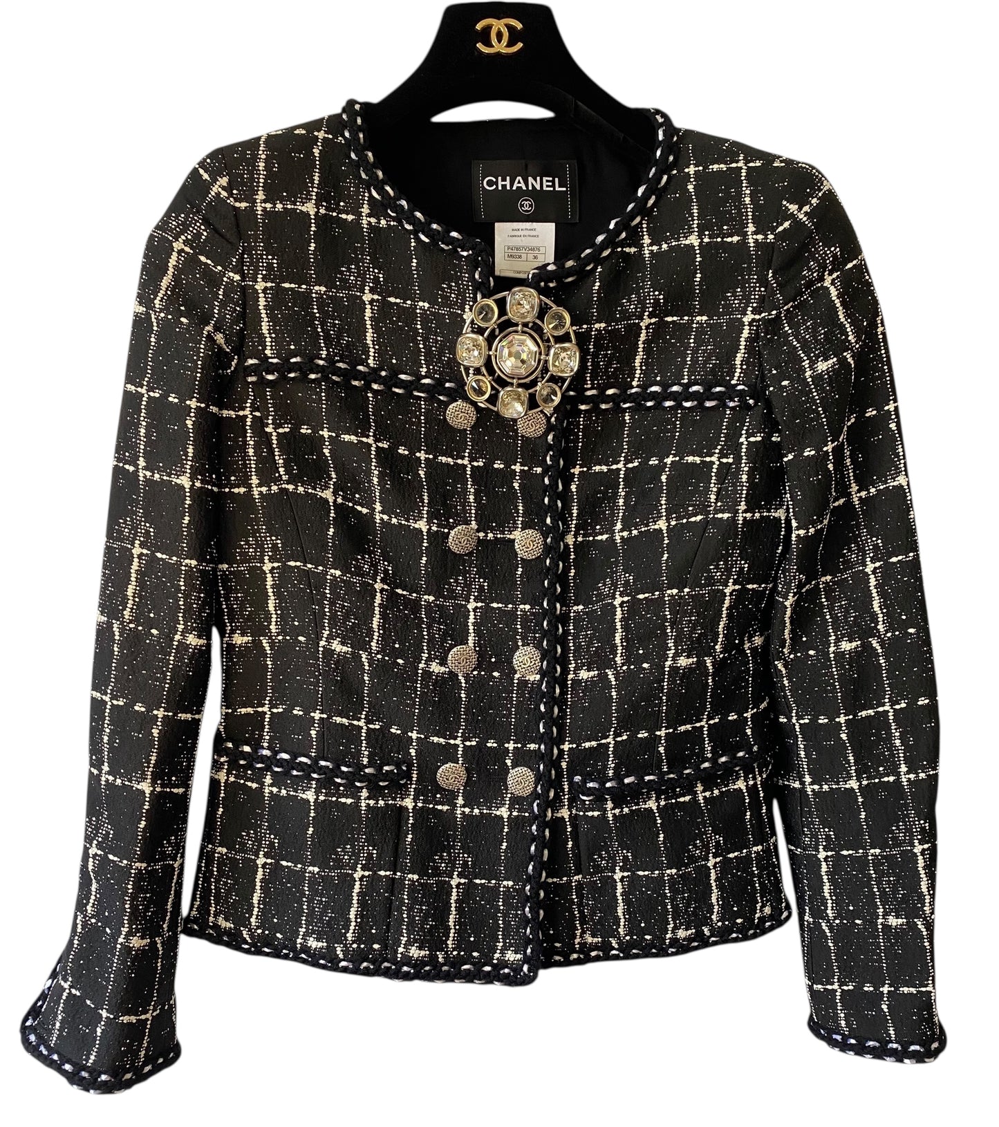 Chanel 14P Black White Grid Tweed Braided Trim Double Breasted Collarless Jacket FR 36