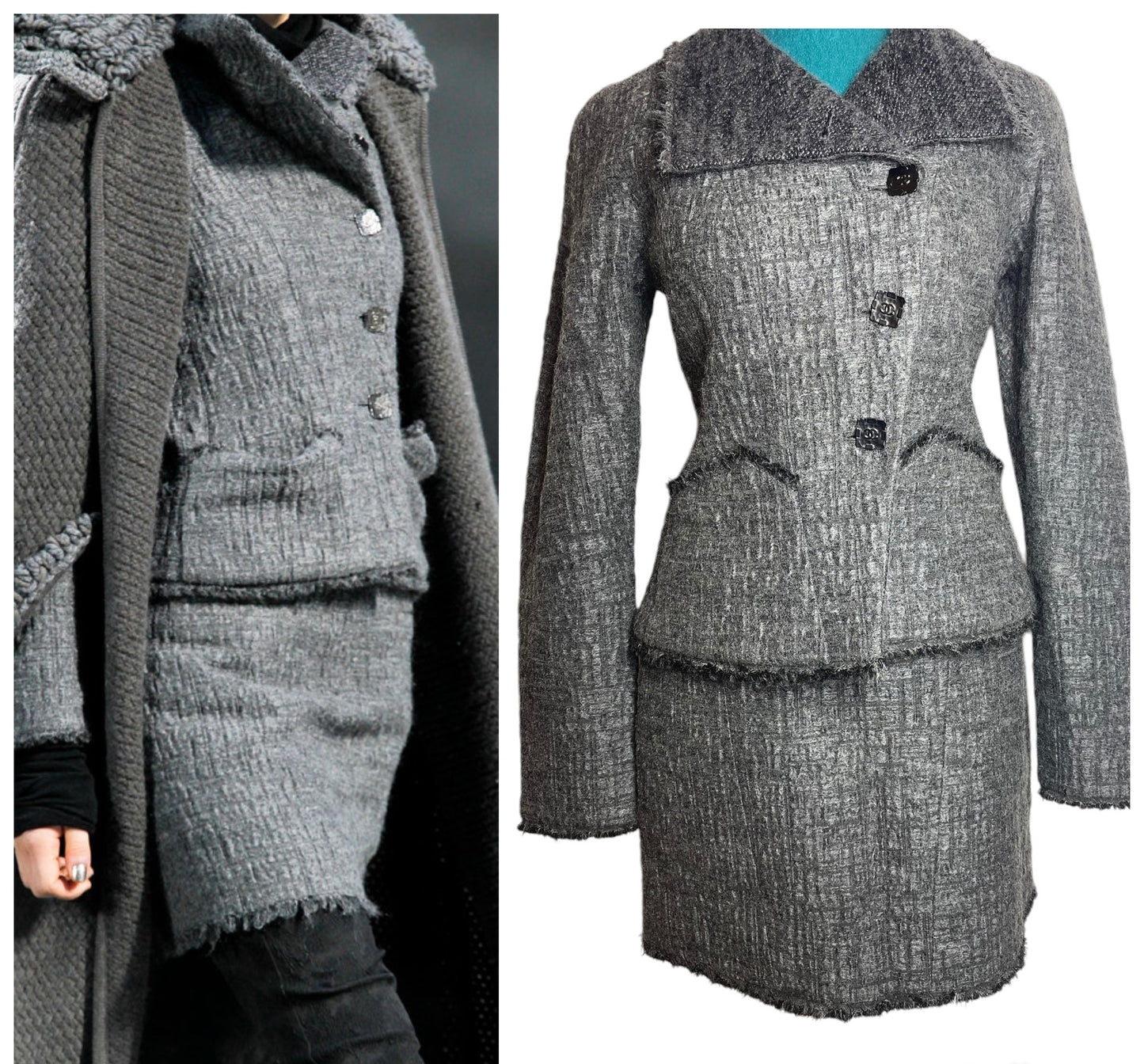 Chanel 11A Textured Gray Asymmetrical Wool Jacket Matching Skirt Suit FR 38