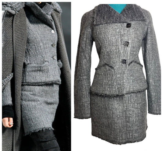 Chanel 11A Textured Gray Asymmetrical Wool Jacket Matching Skirt Suit FR 38
