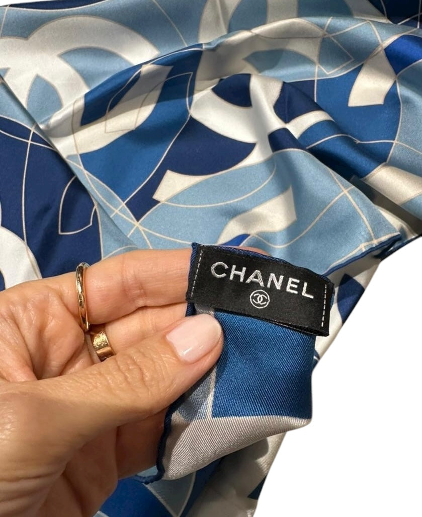 Chanel 2024 Large Blue CC Logo Silk Scarf