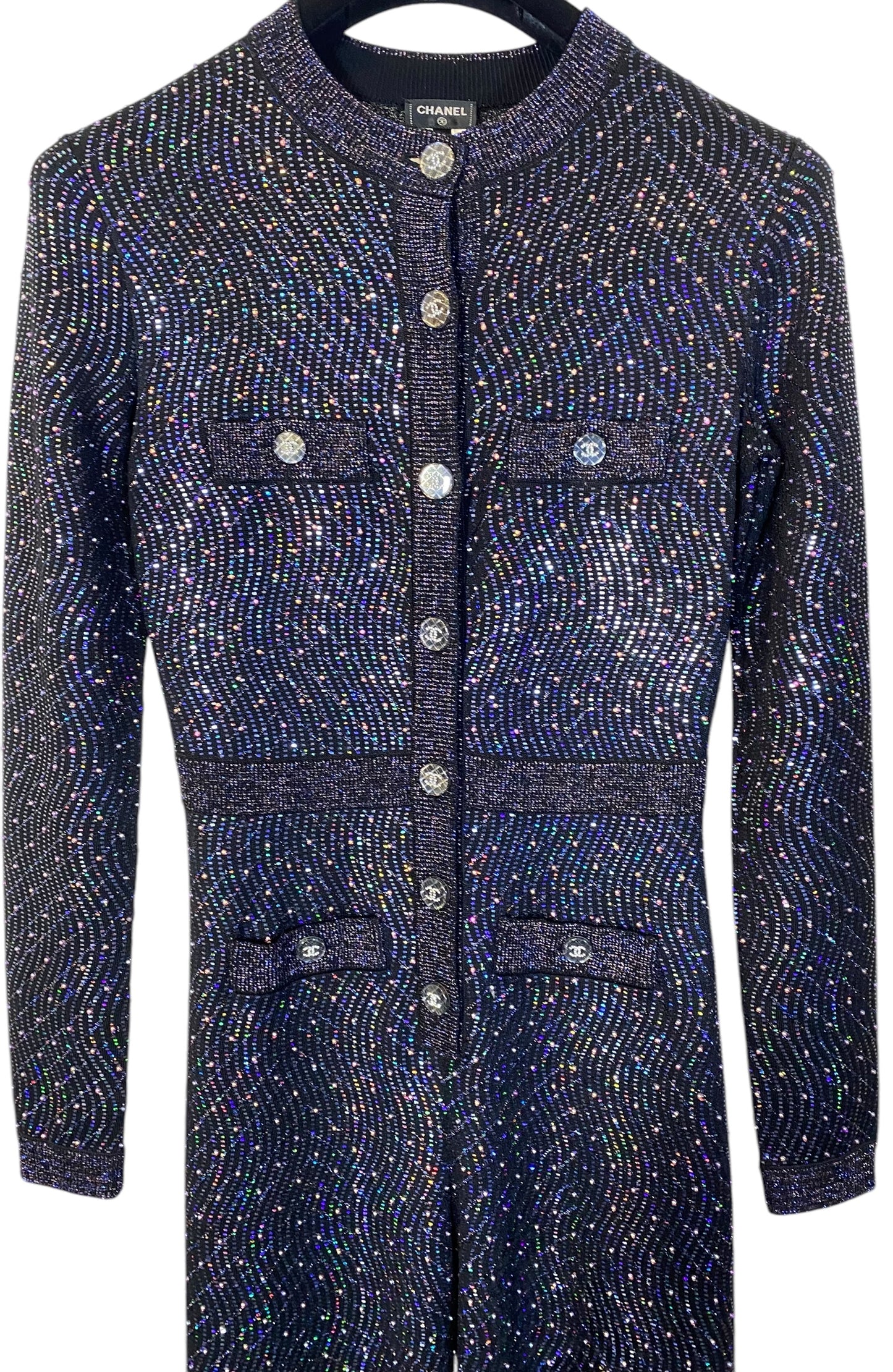 Stunning Chanel 21K Beaded Crystal Sequin Navy Black Iridescent Jumpsuit FR 36