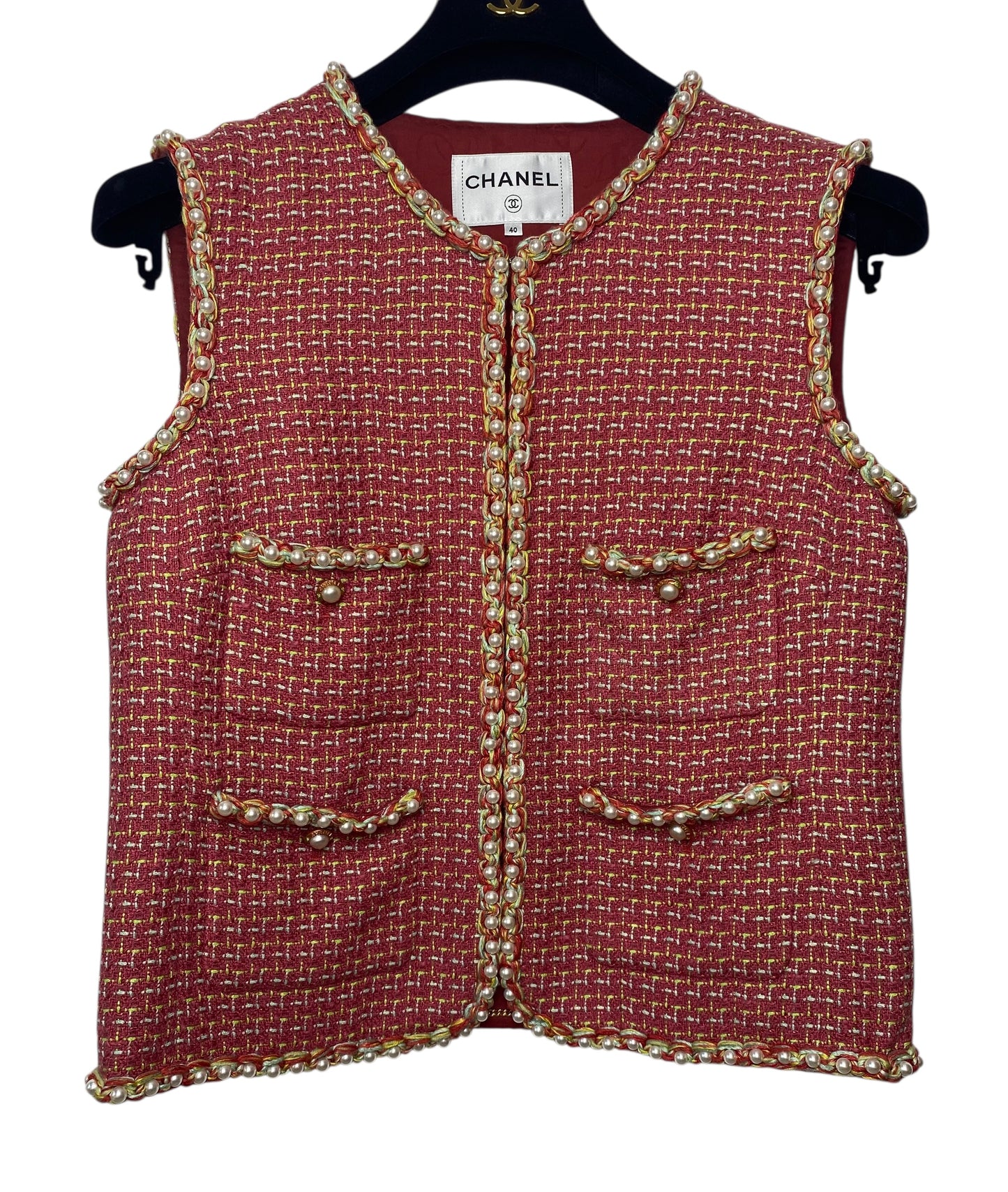 Chanel 17S Red Multicolor Pearl Trim Tweed Waistcoat Vest FR 40