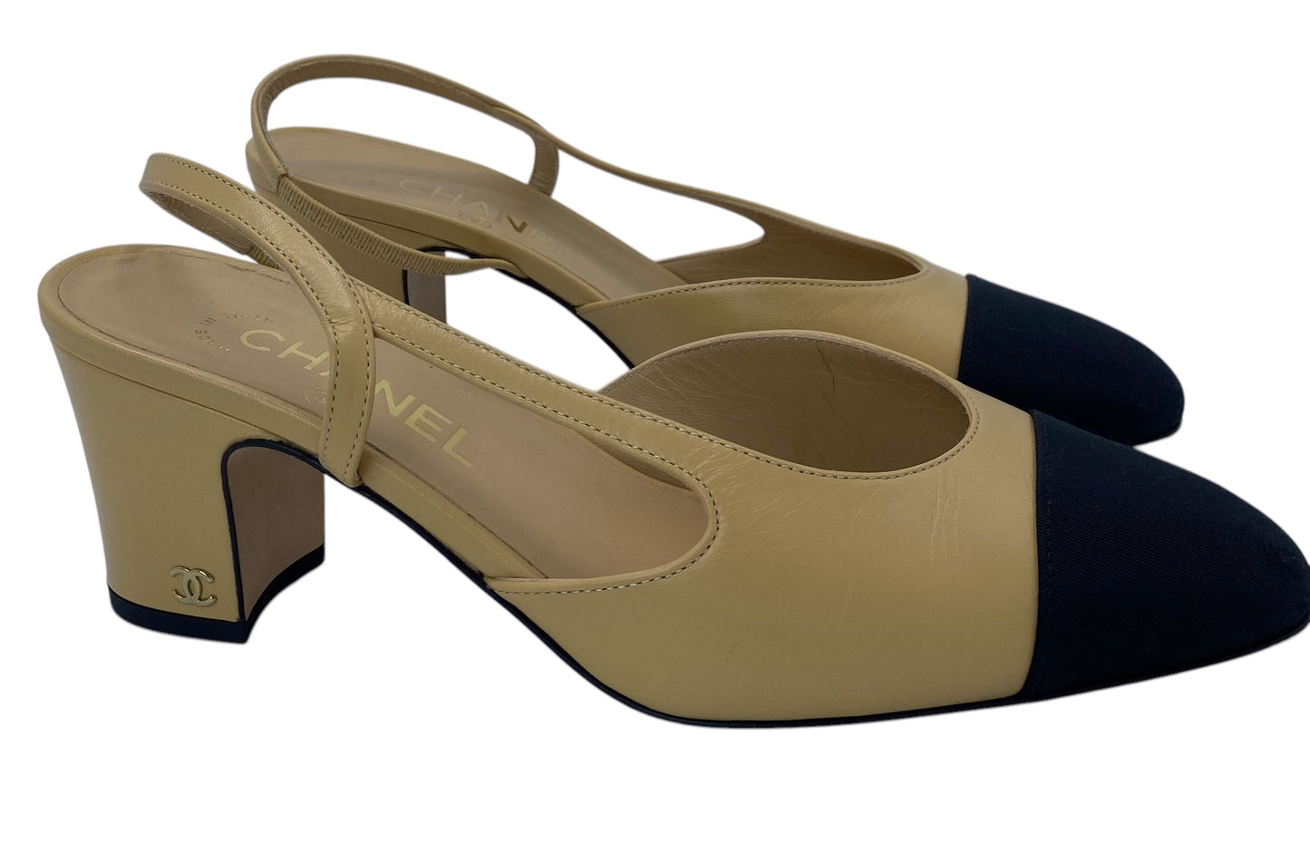 Chanel 23C Tan Leather Black Grosgrain Classic Slingback Pump Heels EU 38.5C