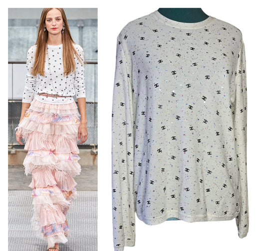 Chanel 20S White CC Logo Sequin Embroidered Long Sleeve Top FR 42