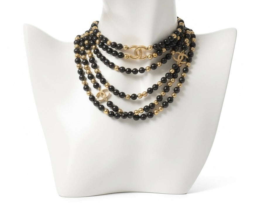 Chanel Airlines 2016 3 Strand 4 CC Extra Long Black Gold Mirror Statement Necklace