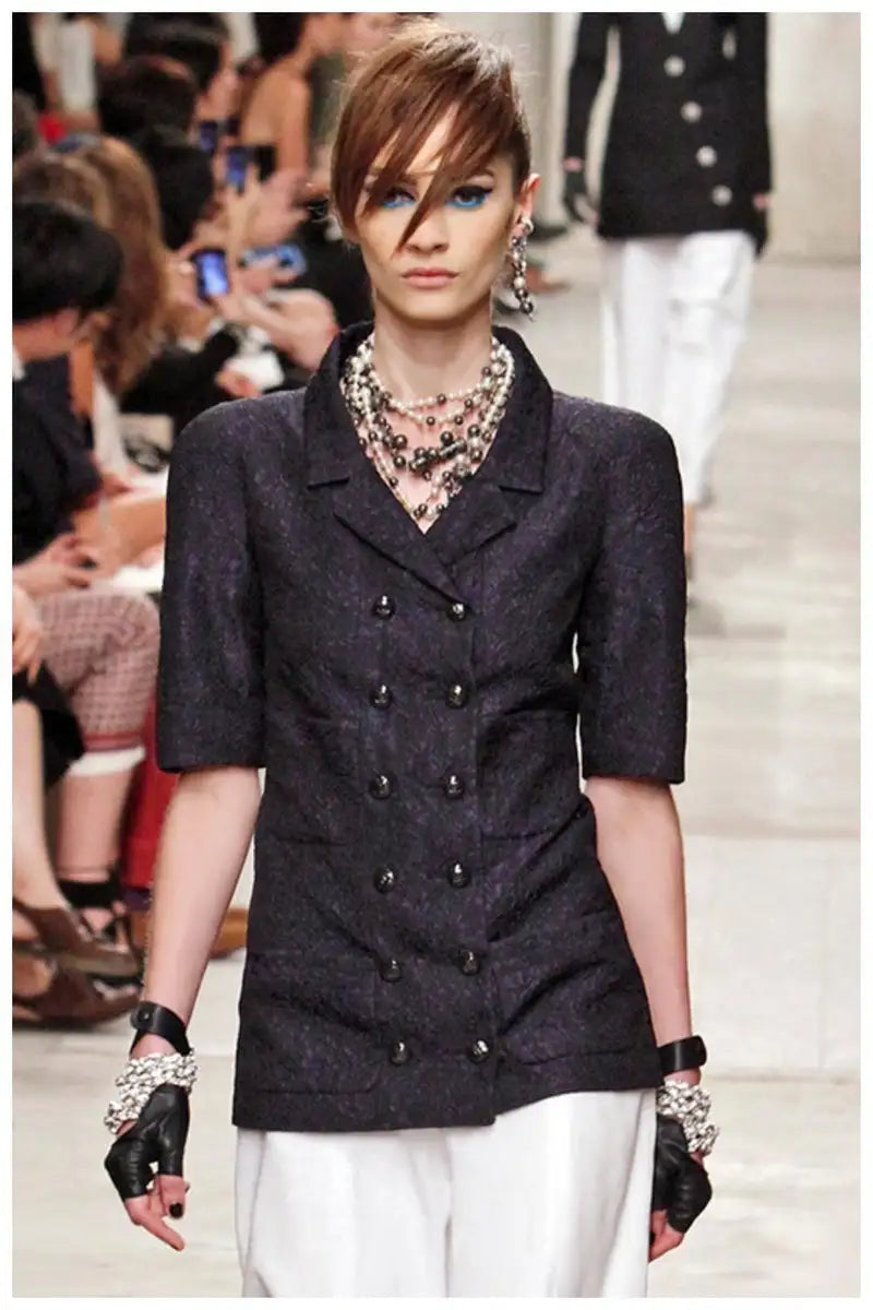 Chanel 14C Dark Navy Black Camellia Jacquard Double Jacket FR 38