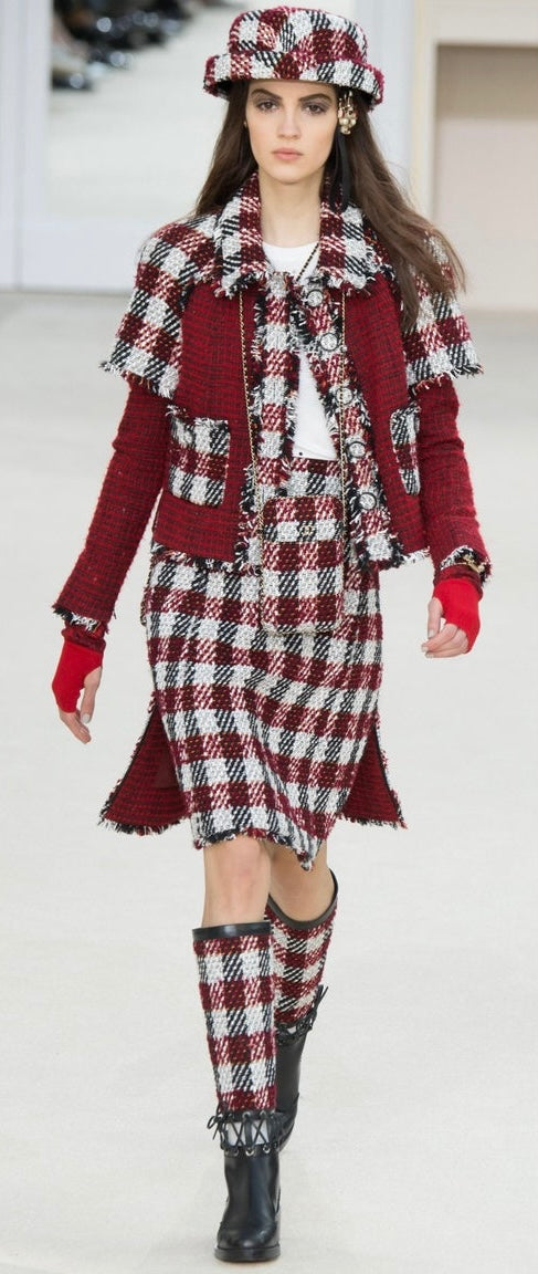 Chanel 16A Runway Burgundy Plaid Tweed Fringe Jacket FR 40