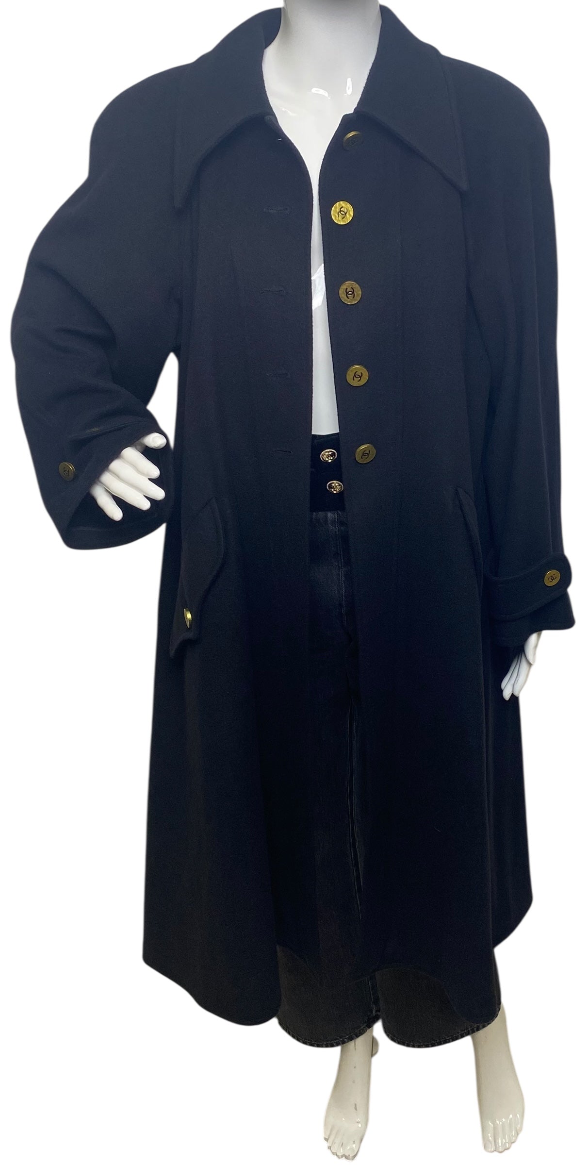 Chanel Vintage 94A Black Oversized Cashmere Long Jacket Coat FR 36