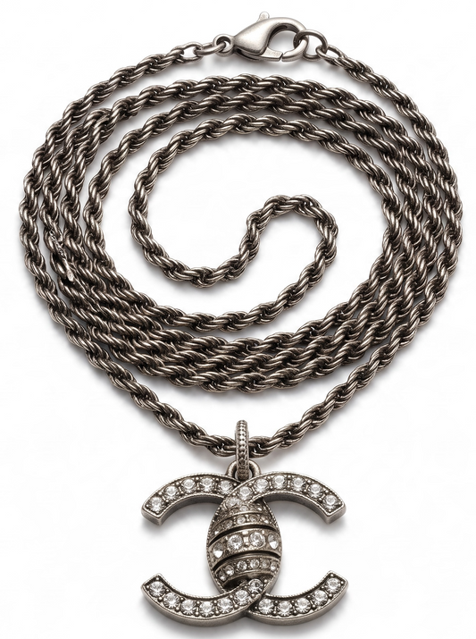 Chanel 08A Paris-London Extra Long Silver Rope Crystal CC Pendant Necklace