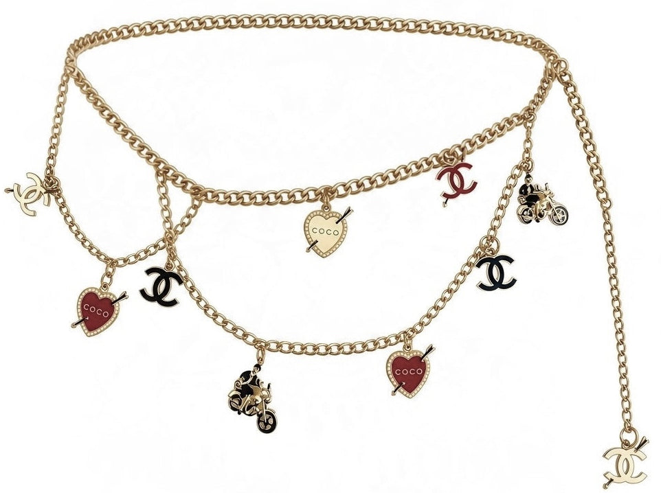Rare Chanel 10P Coco Hearts Motorcycle Charms Chain Link Necklace/Belt GHW