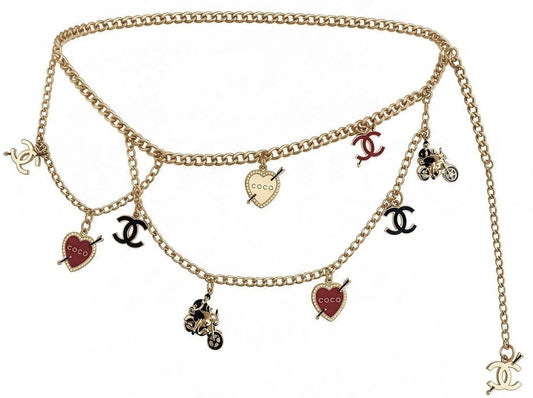 Rare Chanel 10P Coco Hearts Motorcycle Charms Chain Link Necklace/Belt GHW