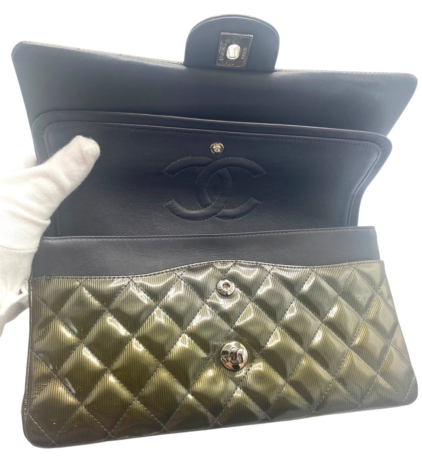 Chanel Medium Dark Green Straited Patent Leather Double Flap Timeless Classic Bag SHW