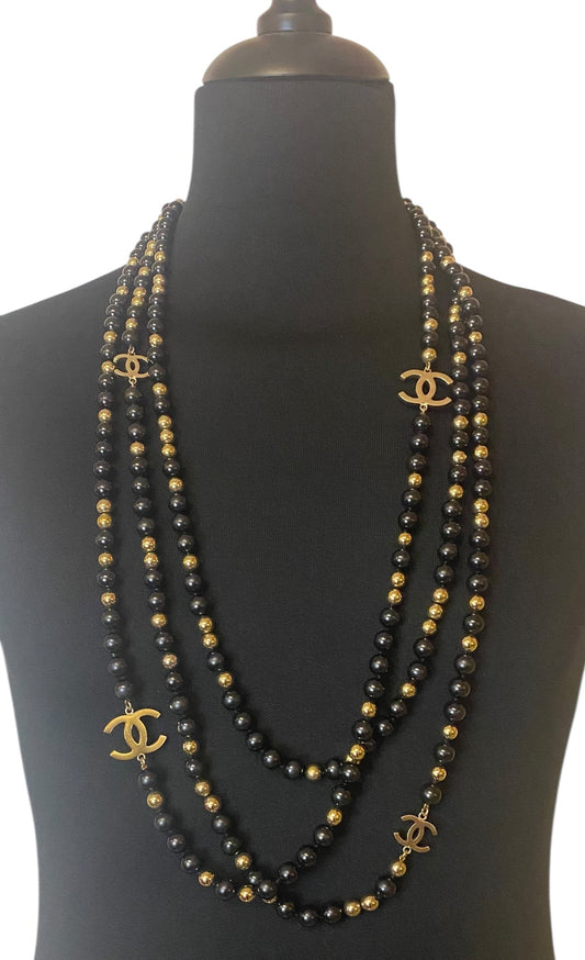 Chanel 16S Extra Long 3 Strand 4 CC Black Gold Mirror Beaded Necklace
