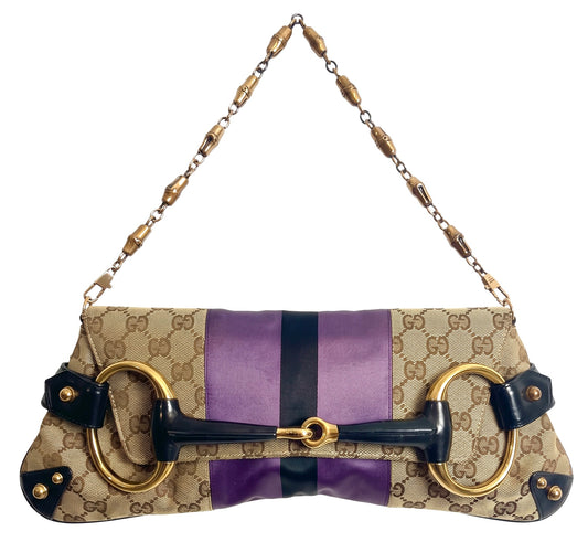 Gucci Large 1955 Tom Ford Classic Purple Black GG Monogram Horsebit Clutch Handbag GHW